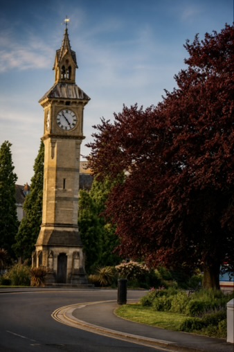 Tick Tock -Barnstaple Historic clock tower beside a lush green landscape and red-leaved trees.