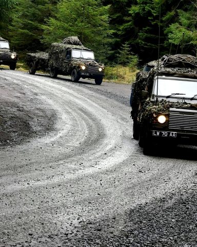 Military vehicles driving along a winding, gravel road through a forested area.